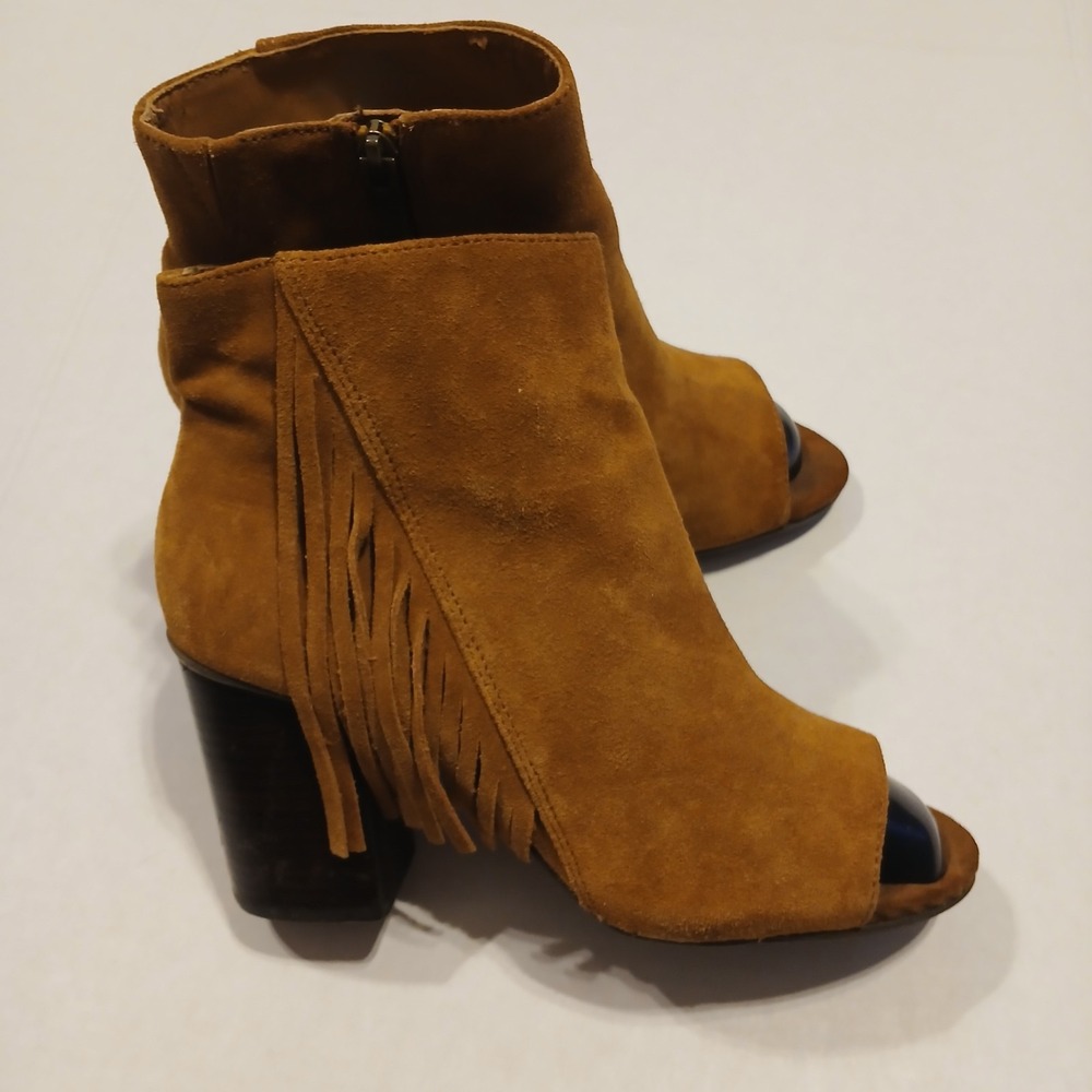 Kenneth Cole Reaction Frida World Brown Suede Fringe Open Toe Booties Womens 9.5
